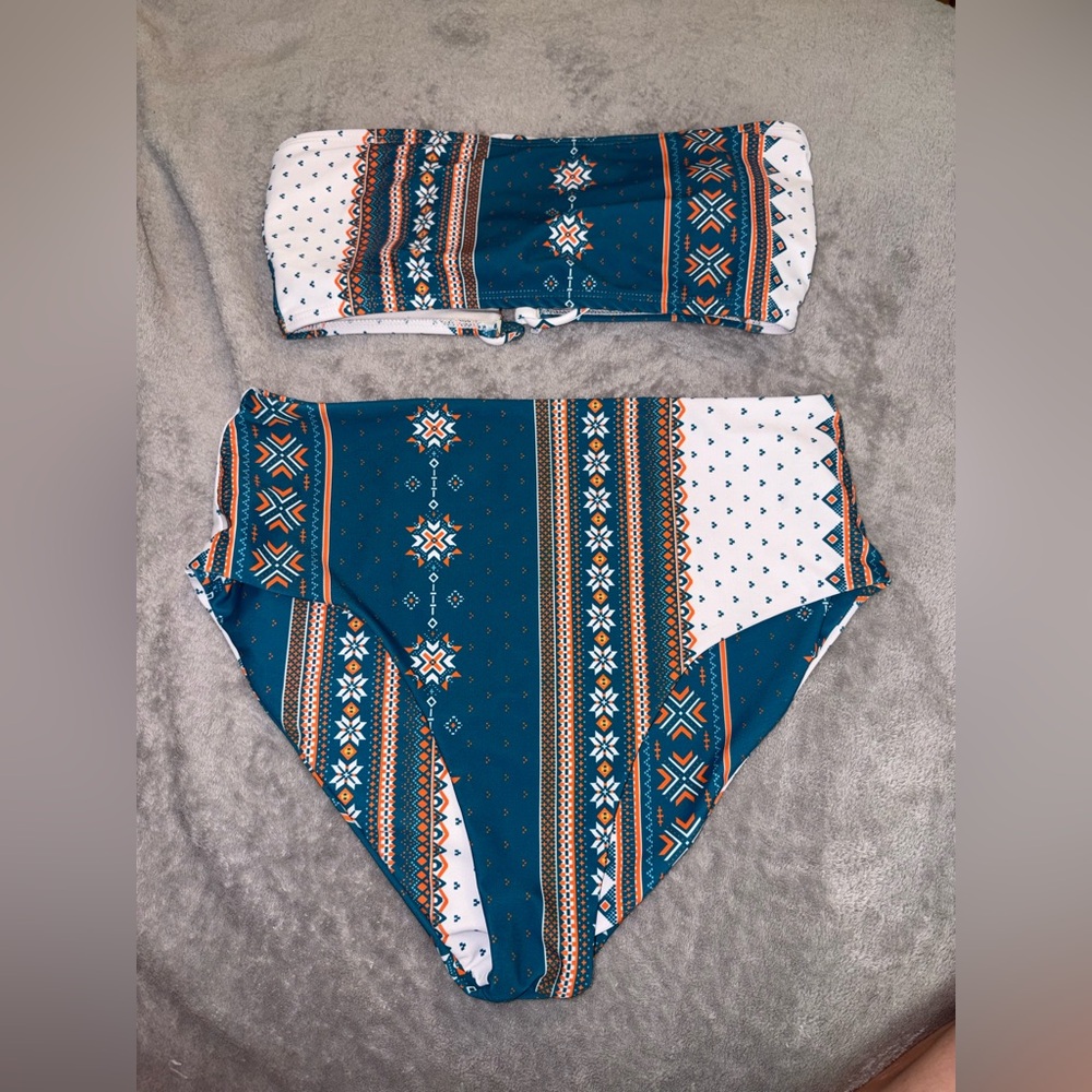 Teal Printed Strapless Women’s Bikini with High Waisted Bottoms